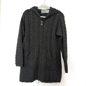 Aran Crafts Wool Hoodie Cardigan Coat Charcoal Cable Knit Cottagecore XS Ireland